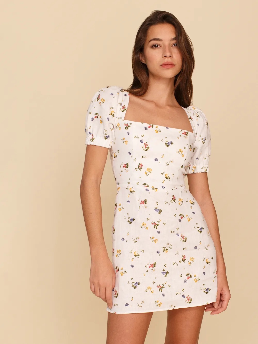 Reformation Lianne Floral Linen Mini Dress with Puff Sleeves and Lace Up Back